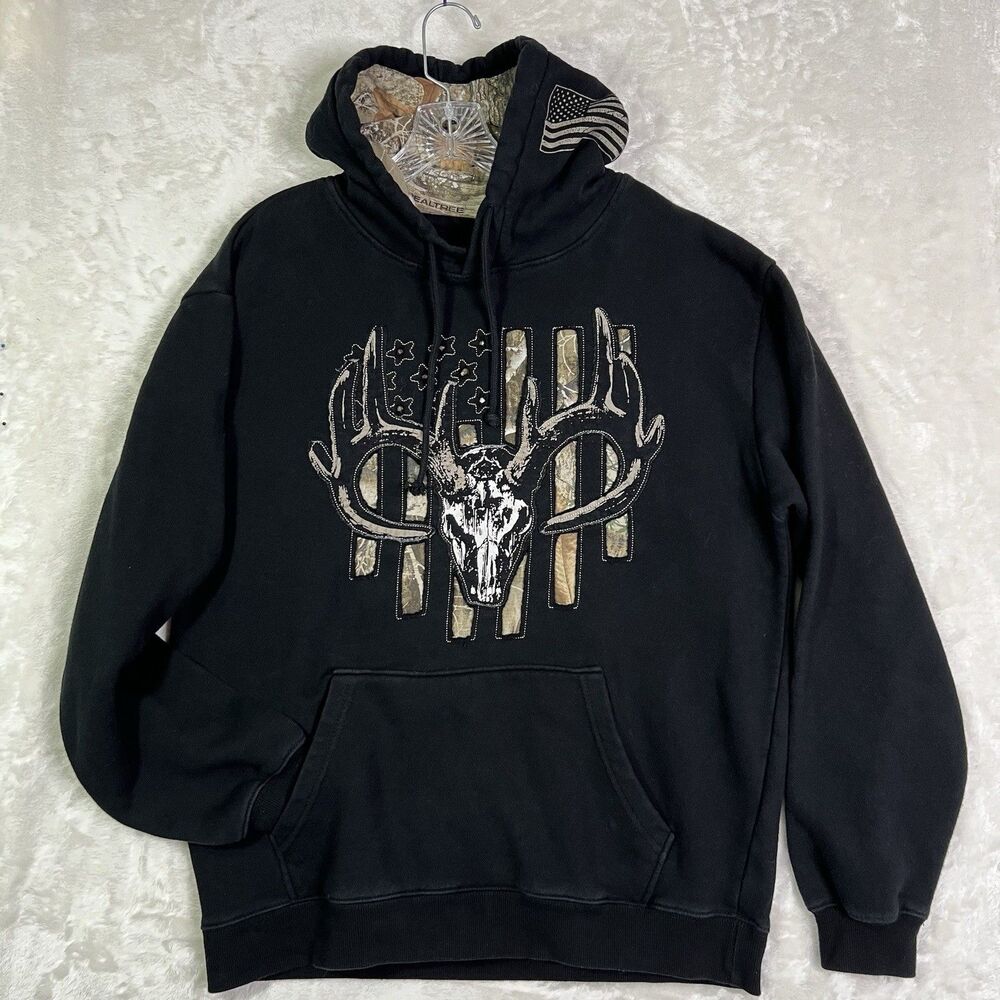 Back Wear Men’s Sz L Black Hoodie Fleece Graphic Camo Deer Skall Flag Outdoor